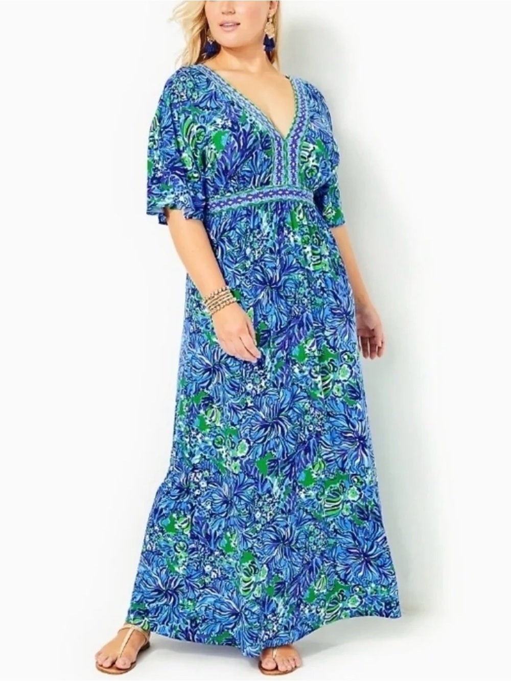 Lilly Pulitzer Blue & Green Floral V-Neck Addison Maxi Dress